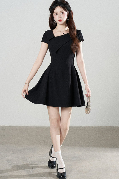 Irregular Collar Black A-Line Dress