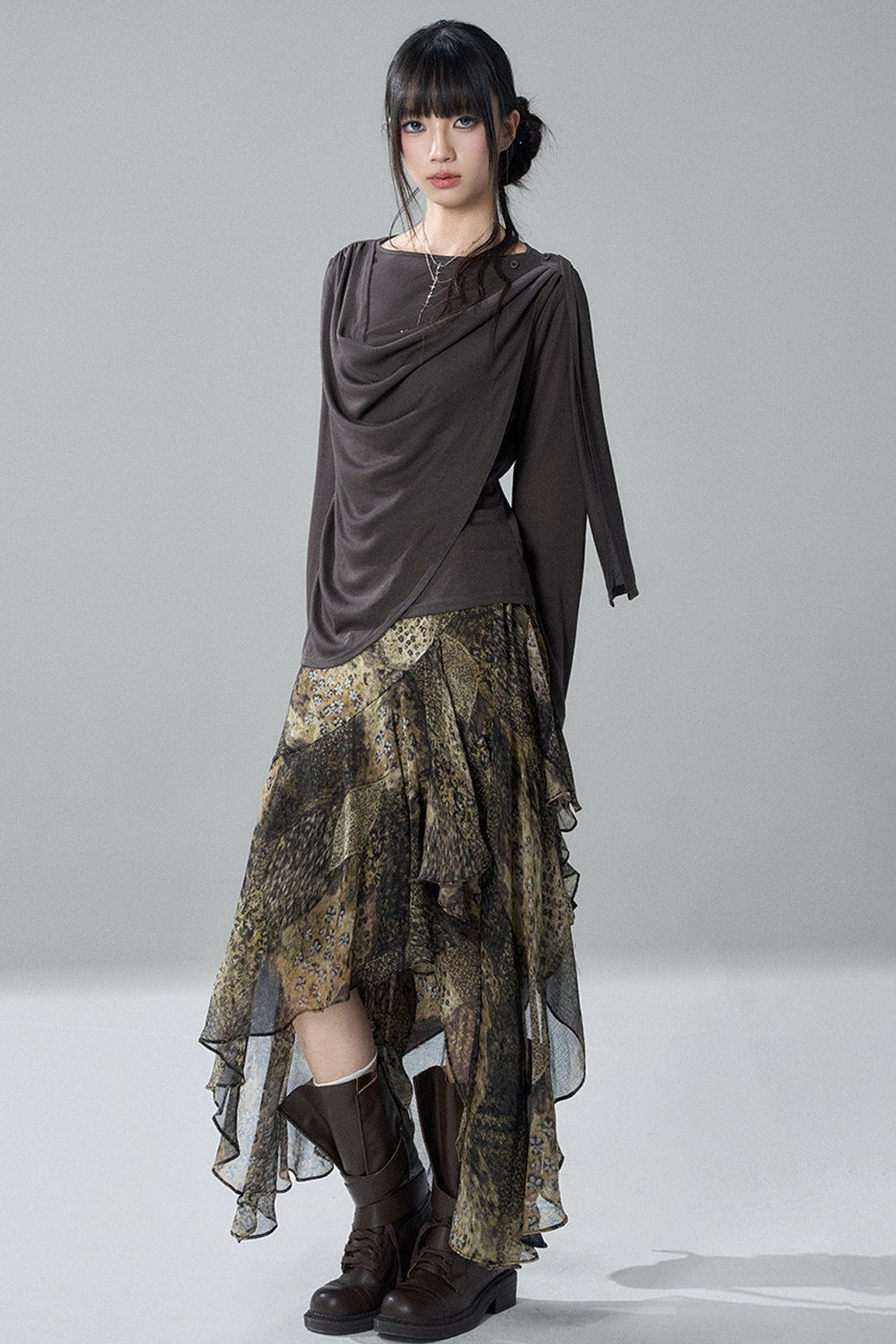 Asymmetrical Leopard Print Chiffon Skirt