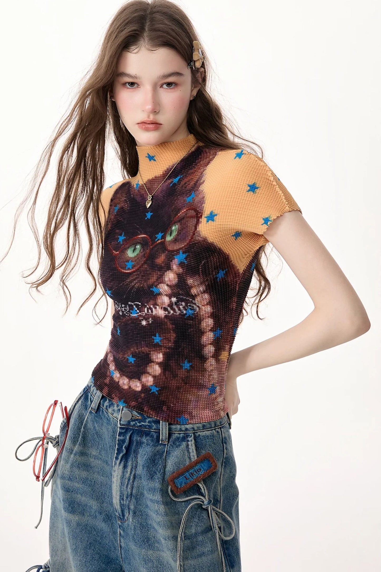 Yellow Star Cat Print Short Sleeve Top