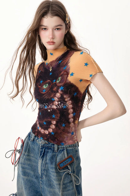 Yellow Star Cat Print Short Sleeve Top