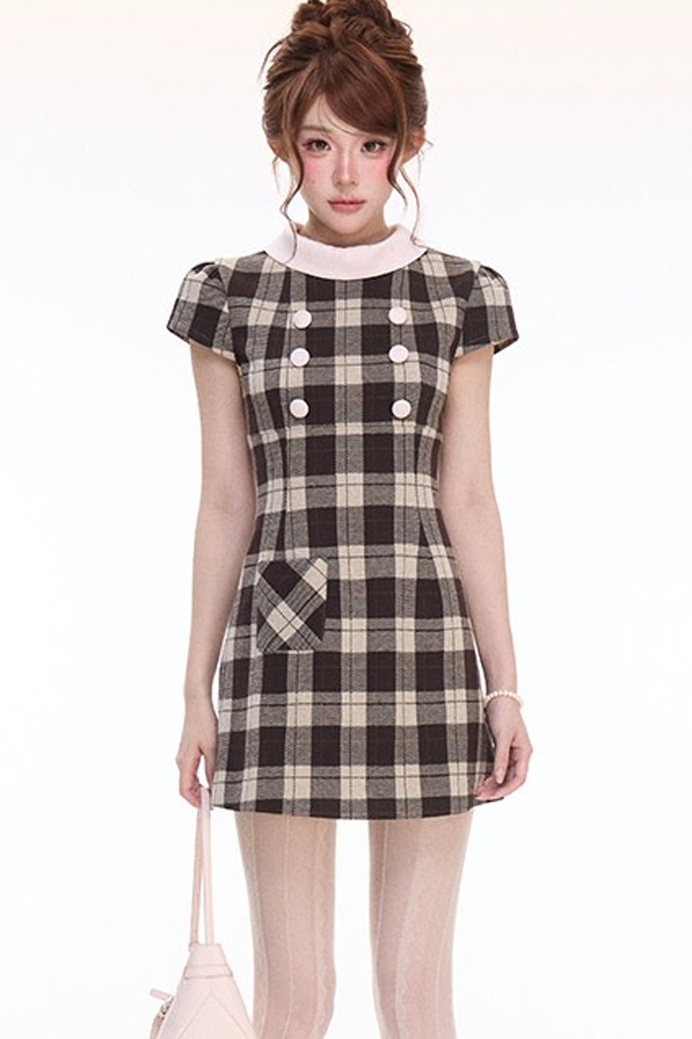 Pink Lace Trim Fur Cape And Mika Plaid Dress Set-Up