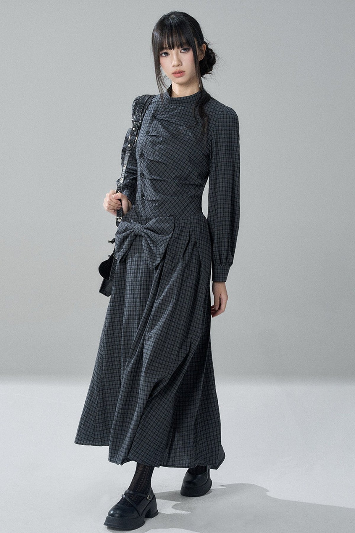 Plaid Bow Long Sleeve Dress