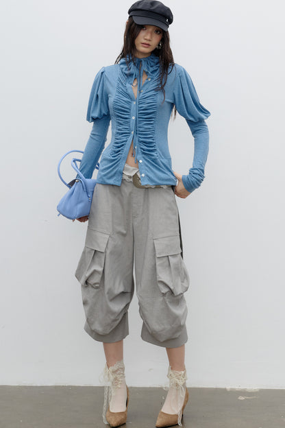 Pleated High-Neck Knit Top