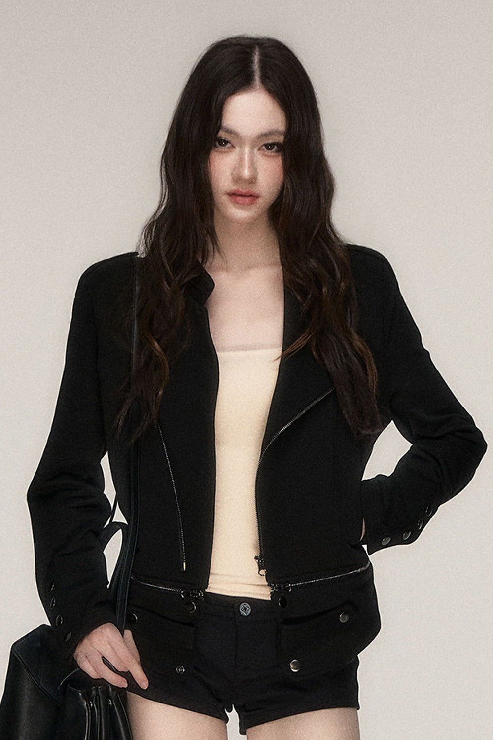 Asymmetrical Metal Zipper Slim Fit Black Jacket