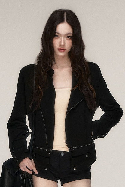 Asymmetrical Metal Zipper Slim Fit Black Jacket