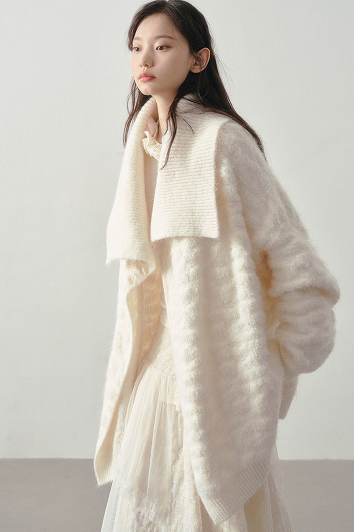 Beige Thick-Knit Loose Mid-Length Cardigan