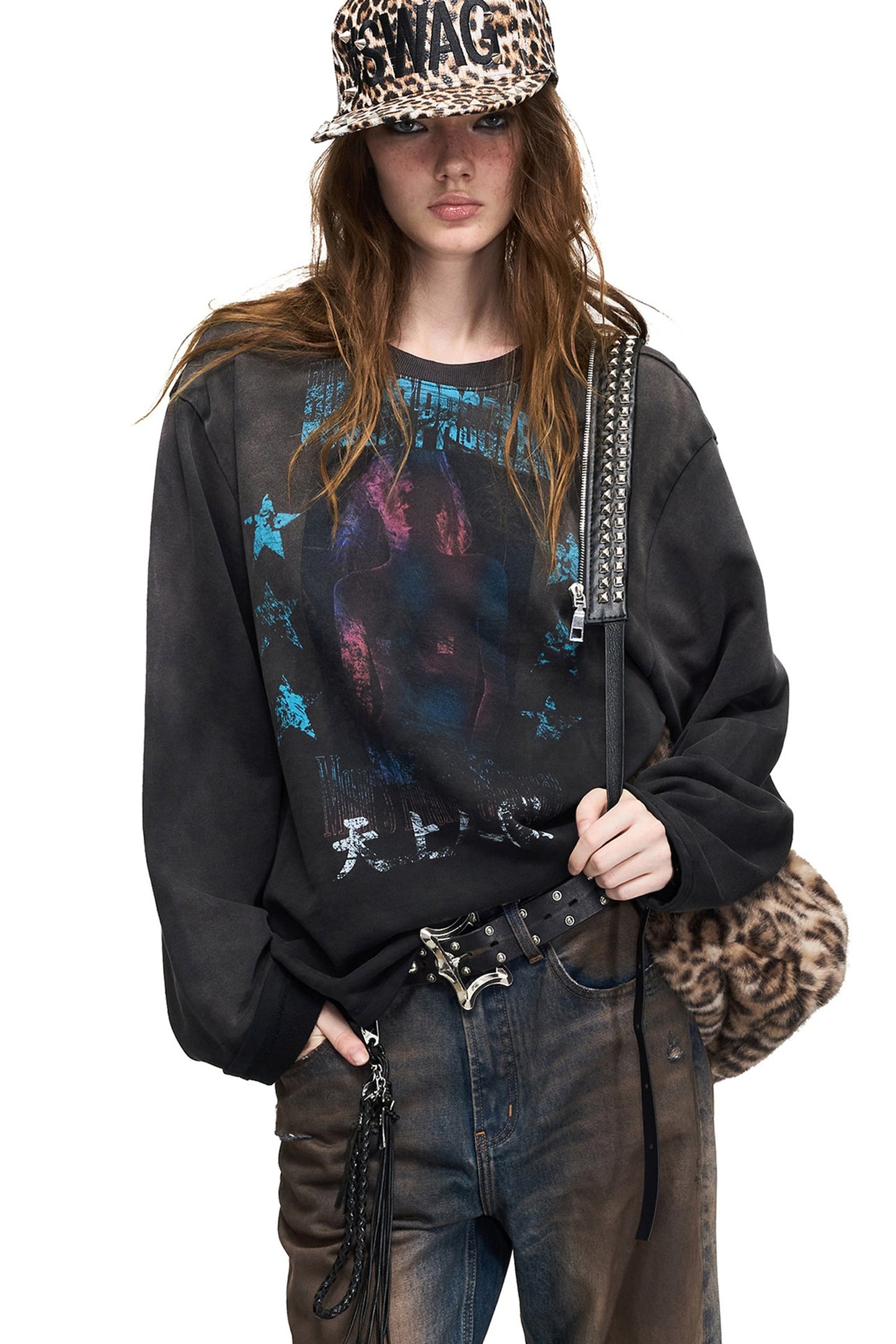 Vintage Long-Sleeve Portrait Print T-Shirt
