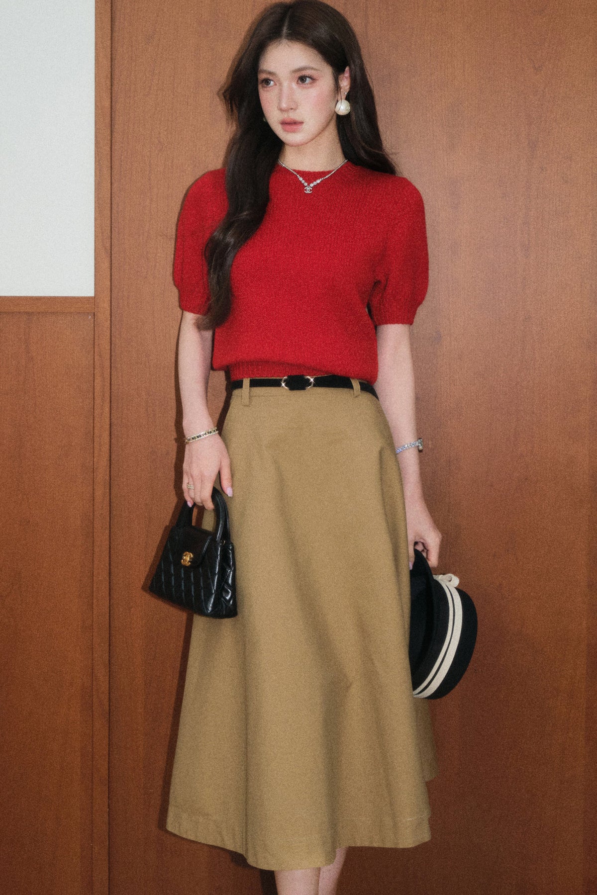 Red Wool Pullover and Retro A-Line Skirt Set-Up