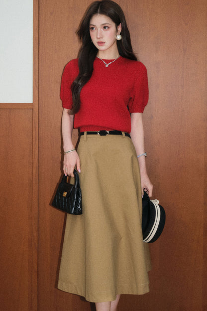 Red Wool Pullover and Retro A-Line Skirt Set-Up