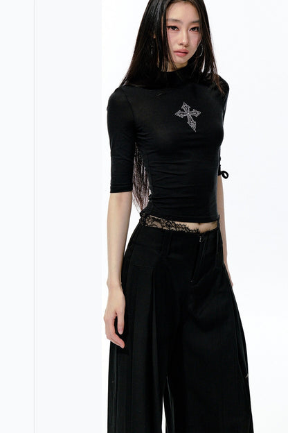 Lace Waist Pleated Wide-Leg Pants