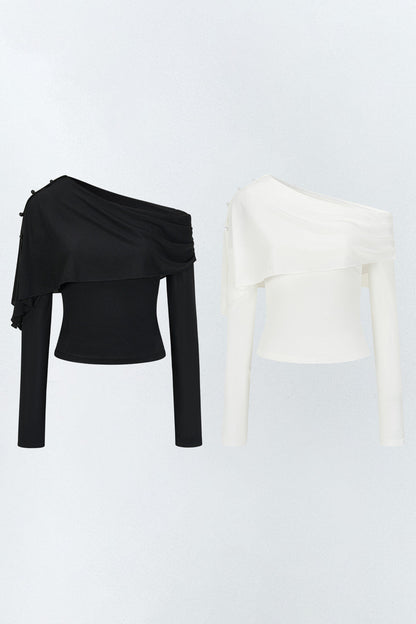 Asymmetric One-Shoulder Button Shawl Long Sleeve Top