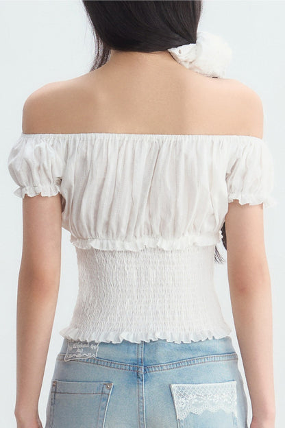 Off-Shoulder Puff Sleeve Lace-Up Top