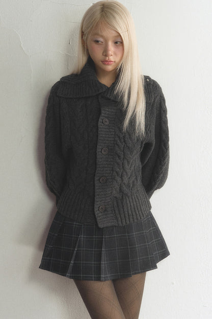 Large Lapel Cable Knit Cardigan and Skirt Set-Up