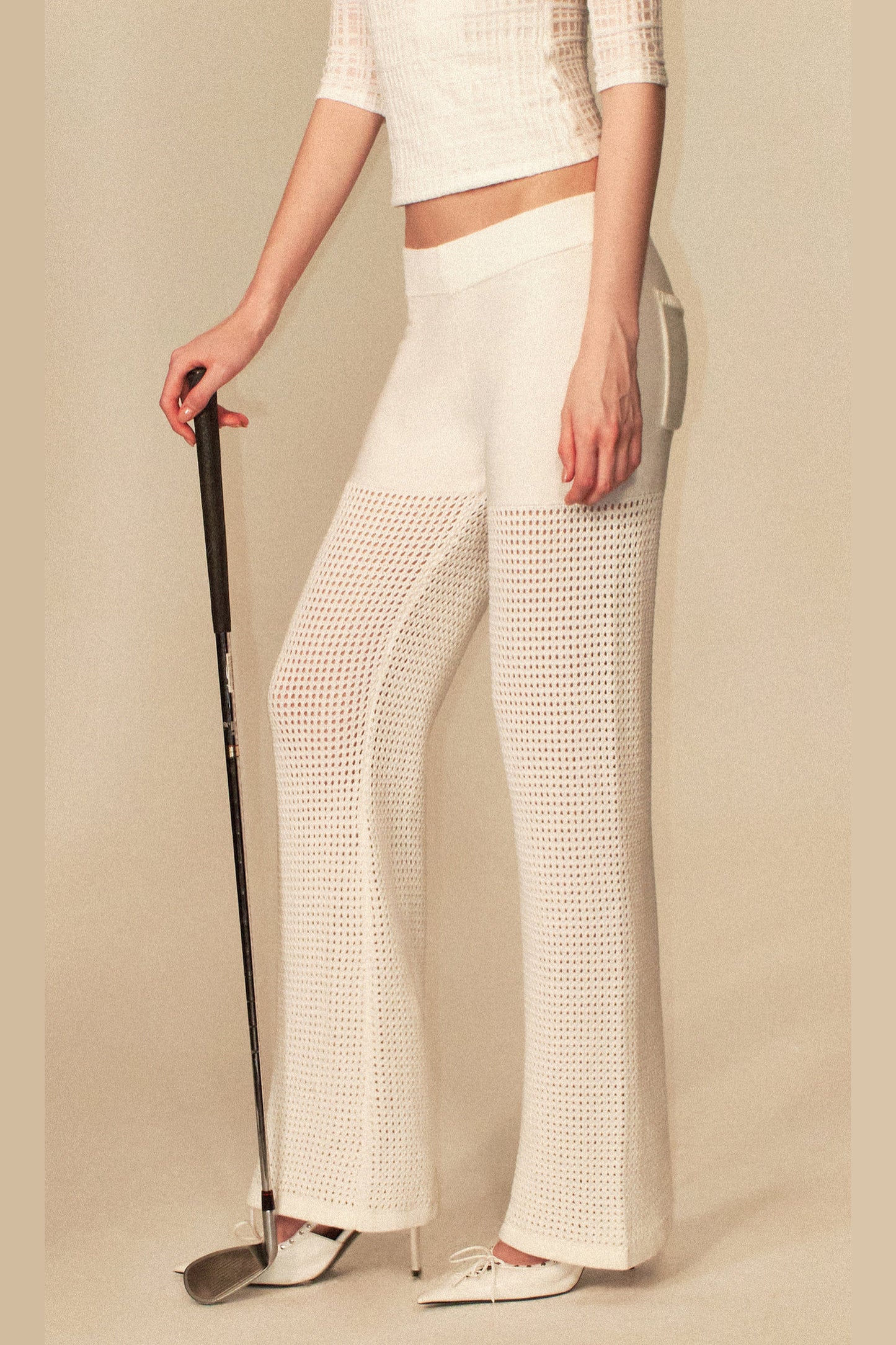White Hollow-Out Mesh Crochet Straight Pants