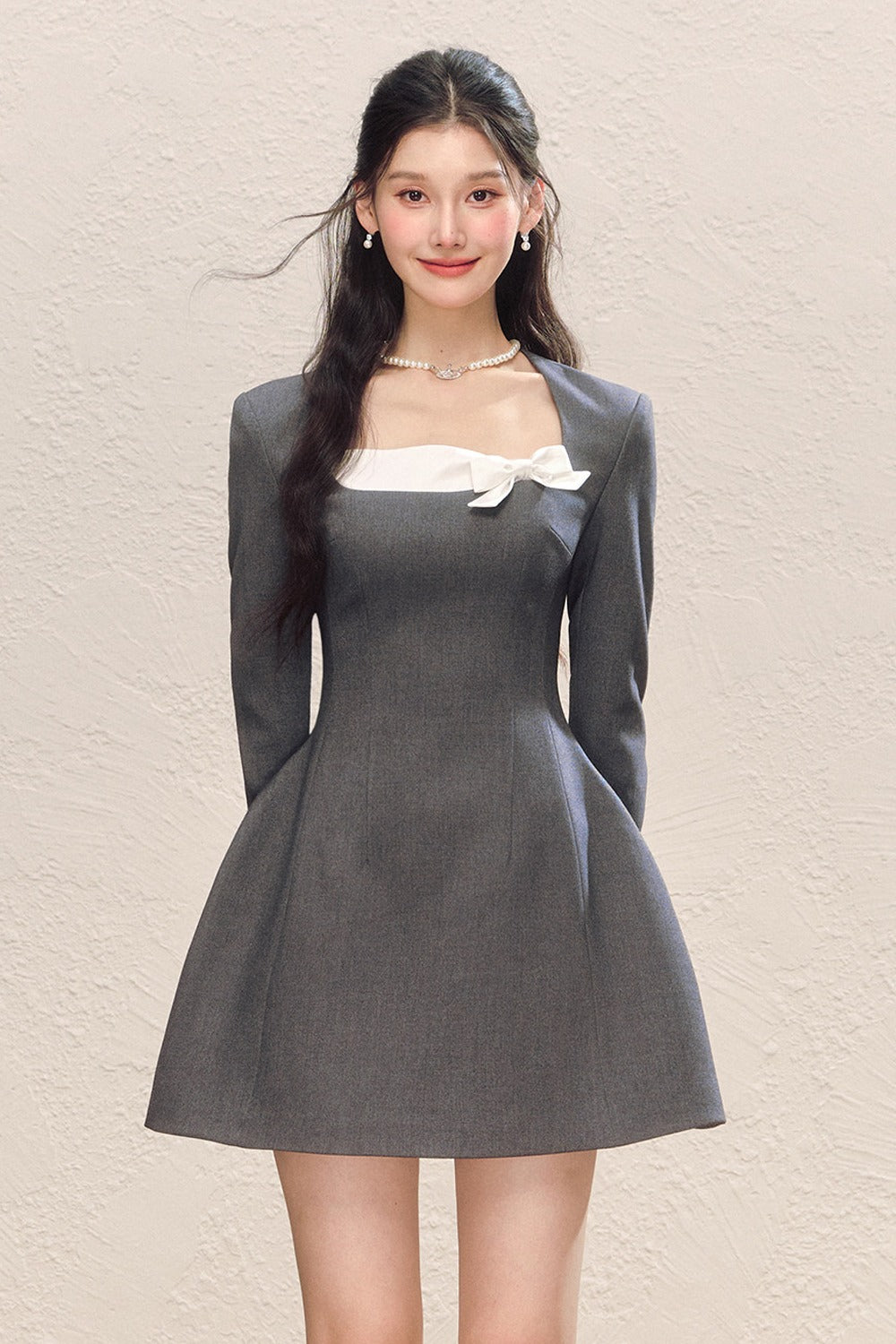 Gray Long Sleeve Square Neck Bow Bubble Dress