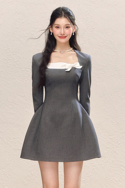 Gray Long Sleeve Square Neck Bow Bubble Dress