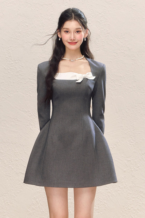 Gray Long Sleeve Square Neck Bow Bubble Dress