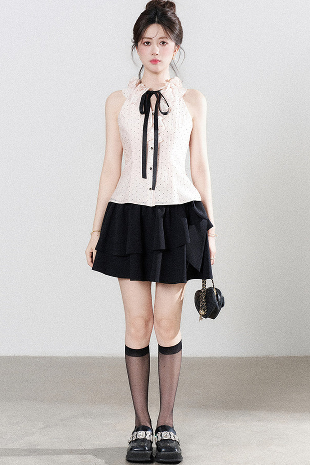 Pink Polka Dot Halter Neck Tencel Shirt and Skirt Set