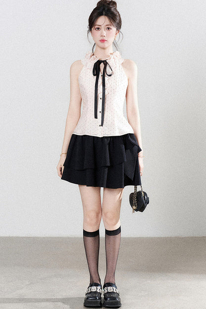Pink Polka Dot Halter Neck Tencel Shirt and Skirt Set