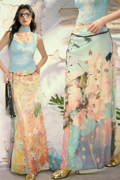 Pleated Shimmer Dream Print Midi Skirt