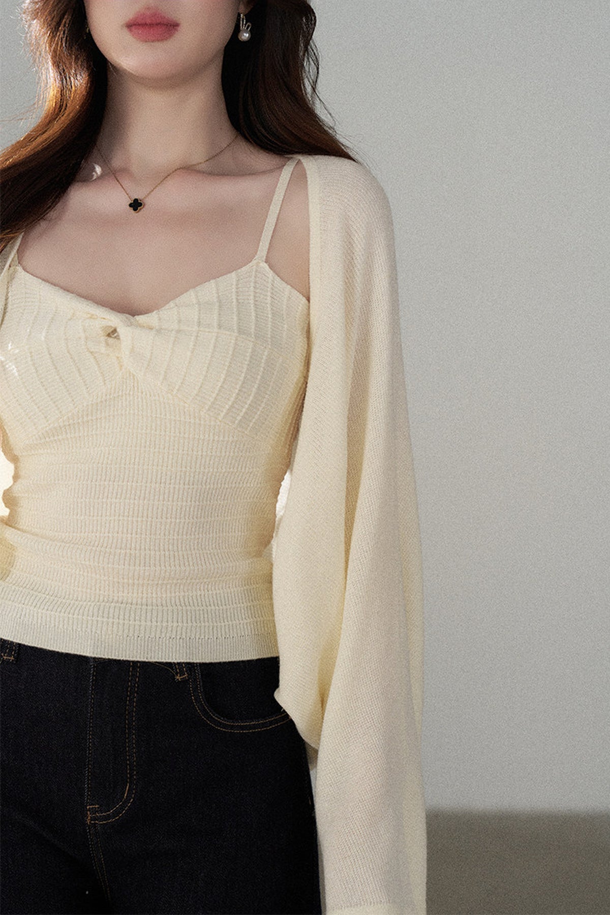 V-Neck Knitted Cardigan and Camisole Set-Up