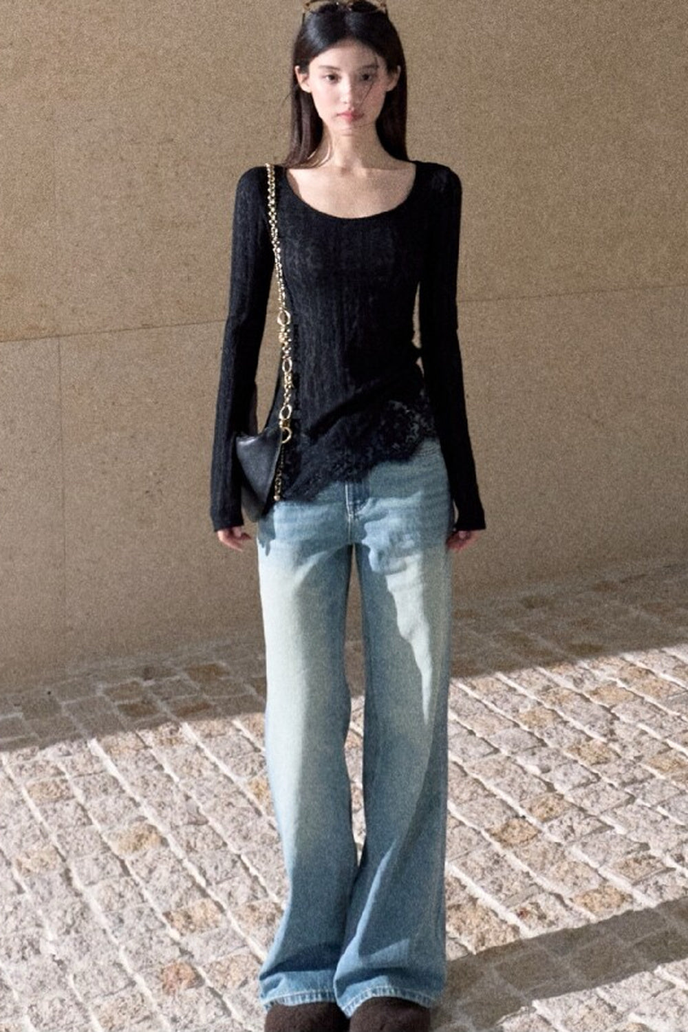 Jacquard Spliced Lace Knit Top