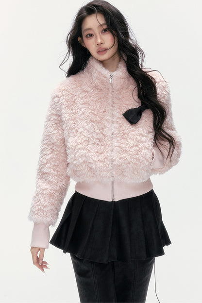 Pink Faux Lamb Wool Jacket and Pants Set-Up