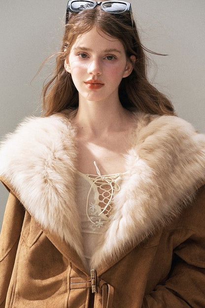 Horn Button Fox Fur Parka Coat