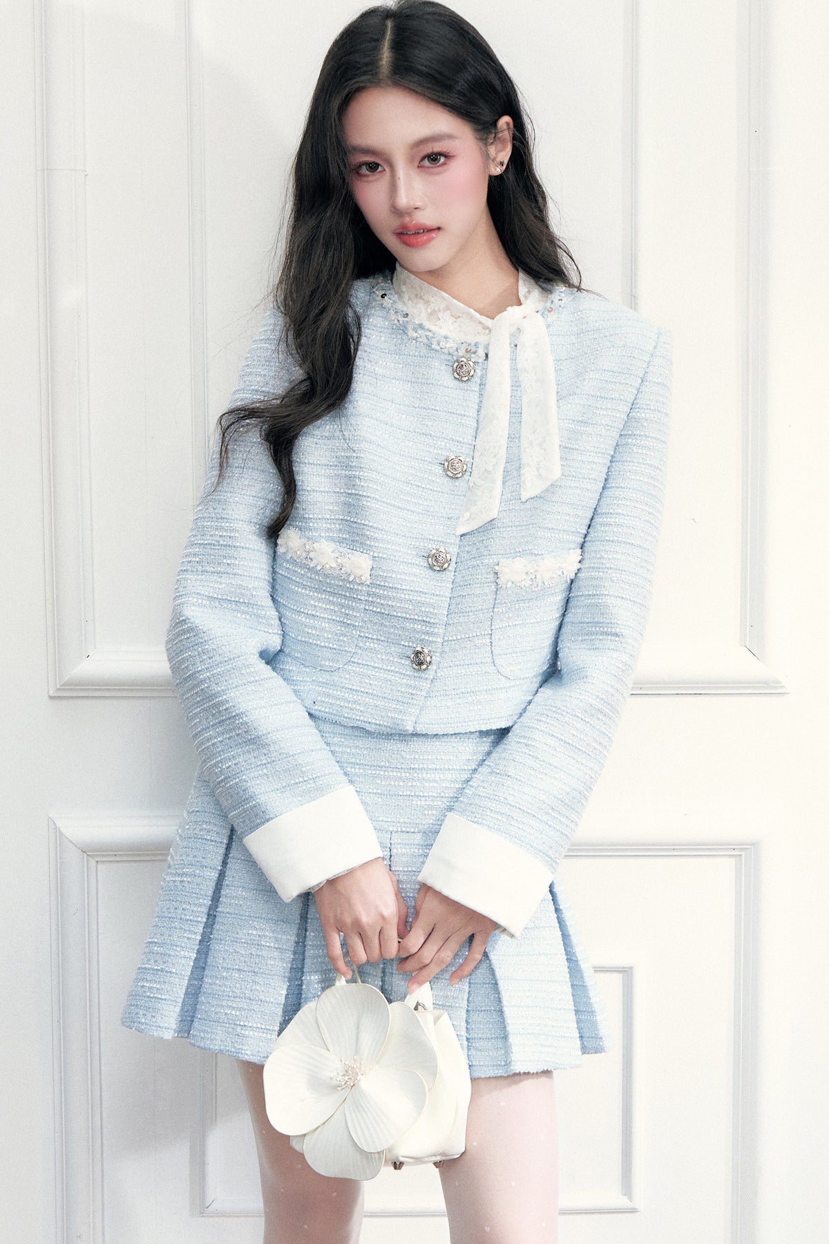 Beaded Tweed Jacket Pleated Skirt Set-Up