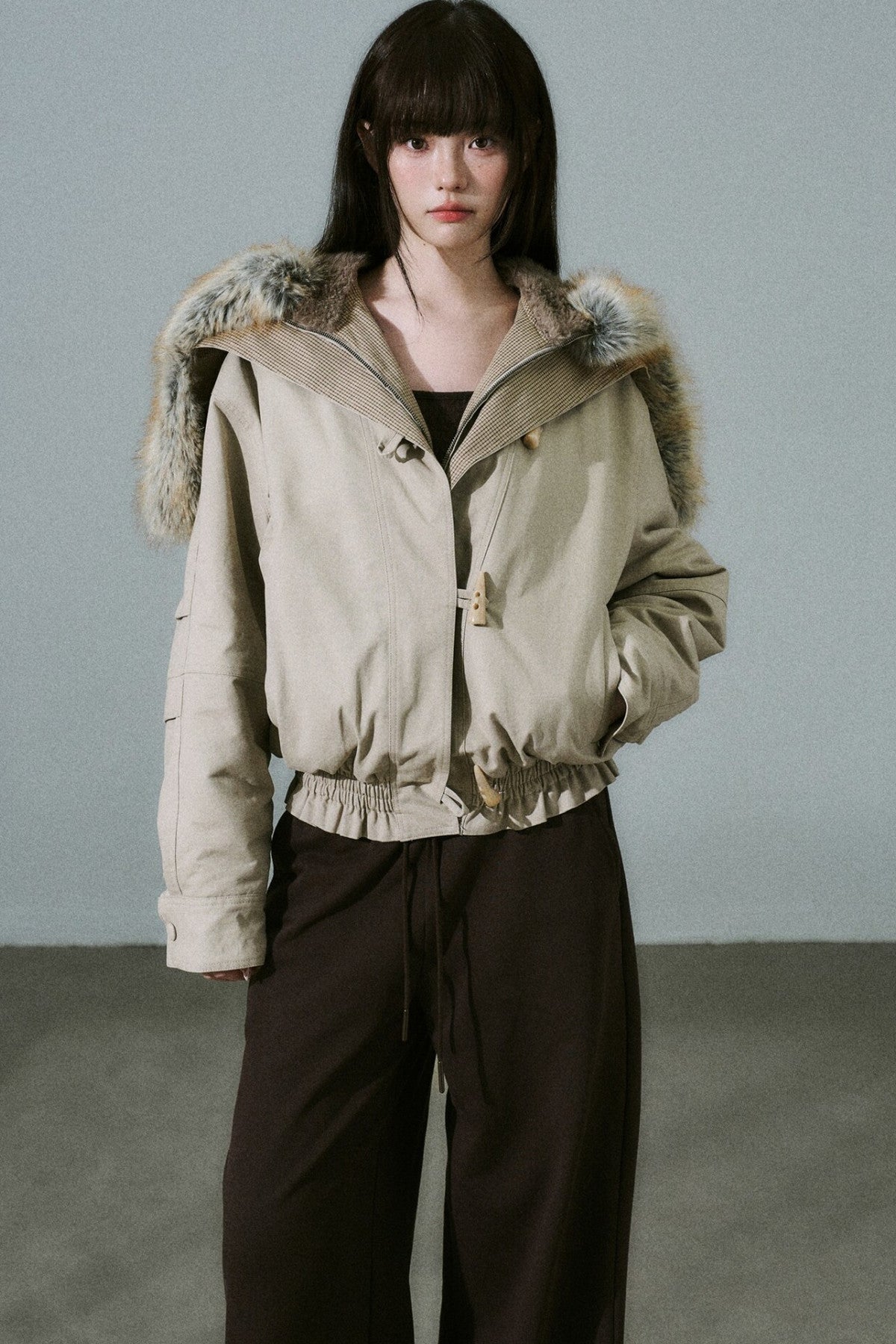 Horn Button Plaid Fur Collar Jacket