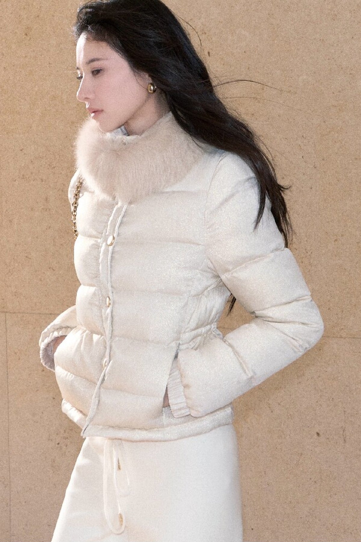 Detachable Fur Collar White Duck Down Jacket