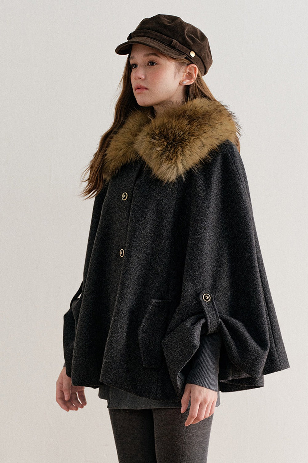 Detachable Large Fur Collar Woolen Cape