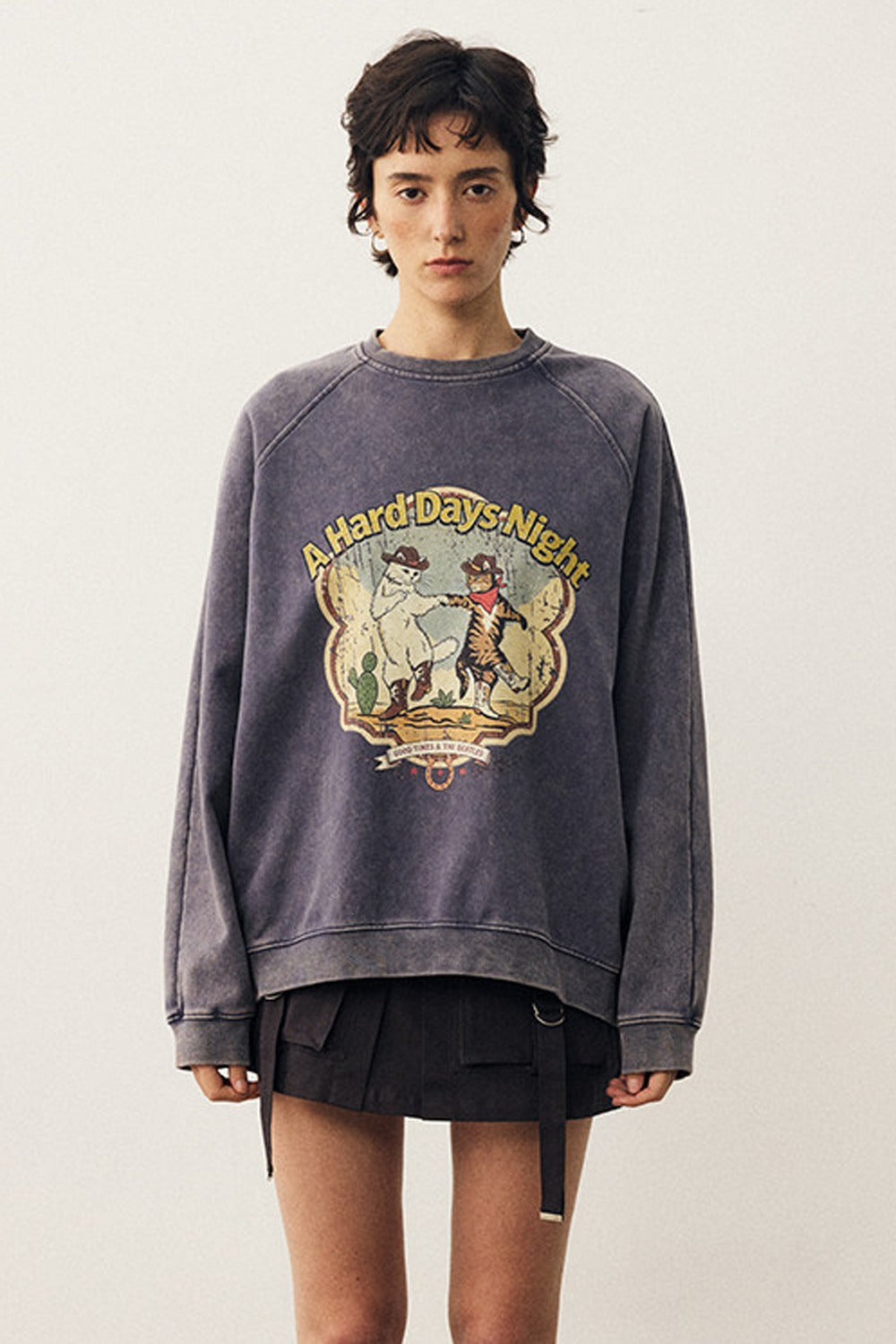 Washed Cat Print Sweatshirt and Pants Set