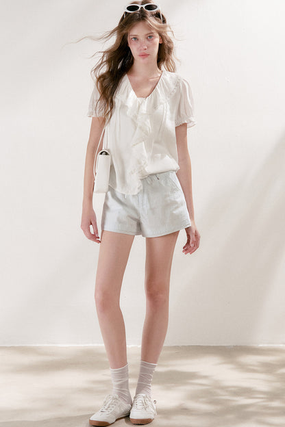 Mulberry Silk Lace Ruffle V-Neck Top
