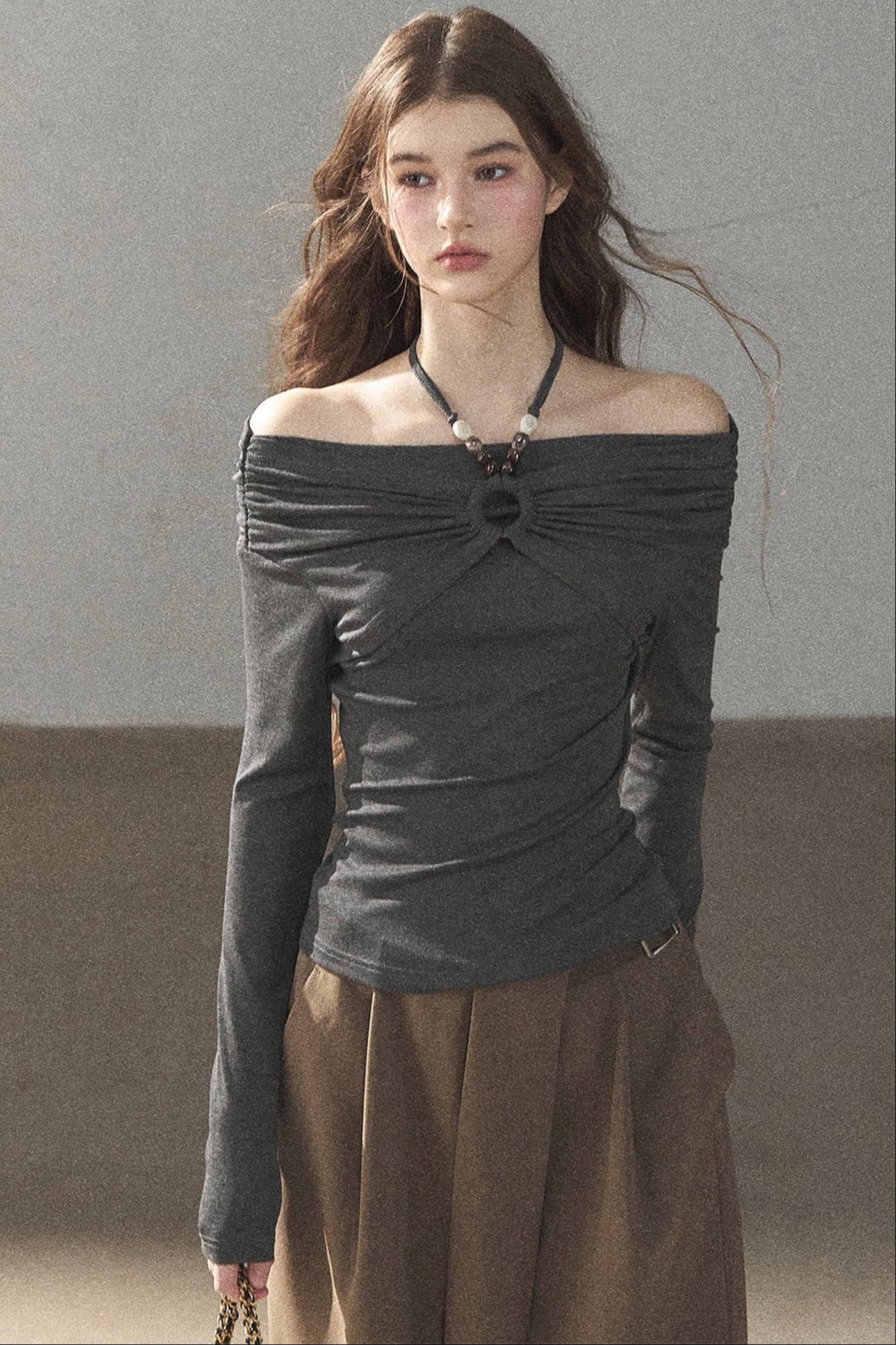 One-Shoulder Long-Sleeve Halter Blouse