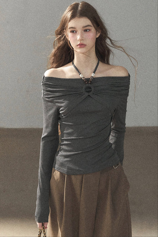 One-Shoulder Long-Sleeve Halter Blouse