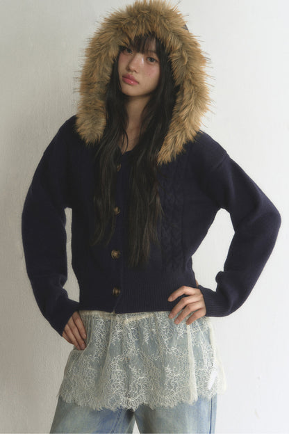 Fur Collar Hooded Cable Knit Cardigan Set-Up