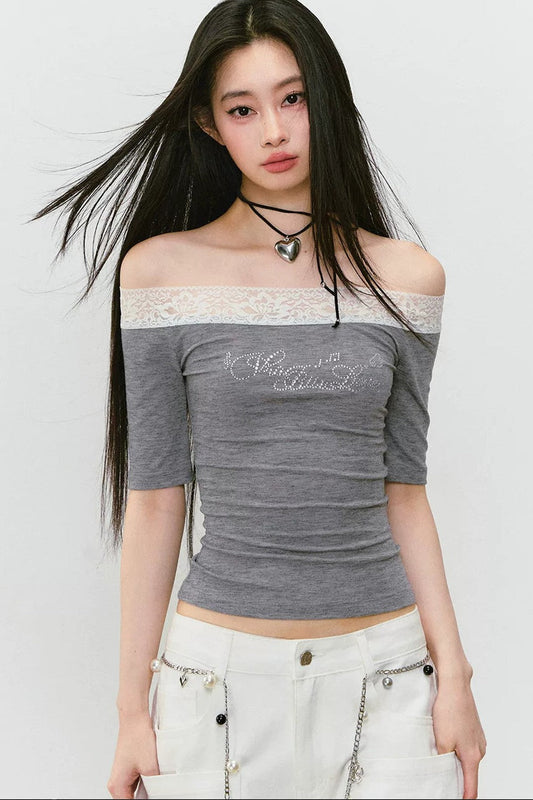 One-Shoulder Lace Rhinestone Short-Sleeve T-Shirt