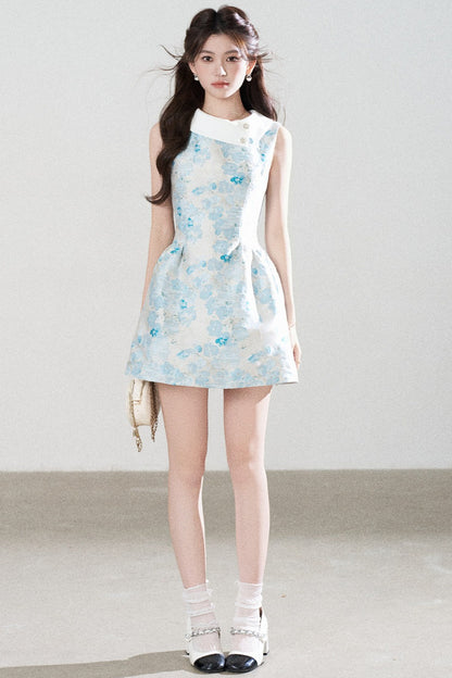 Blue Floral Jacquard Sleeveless Dress