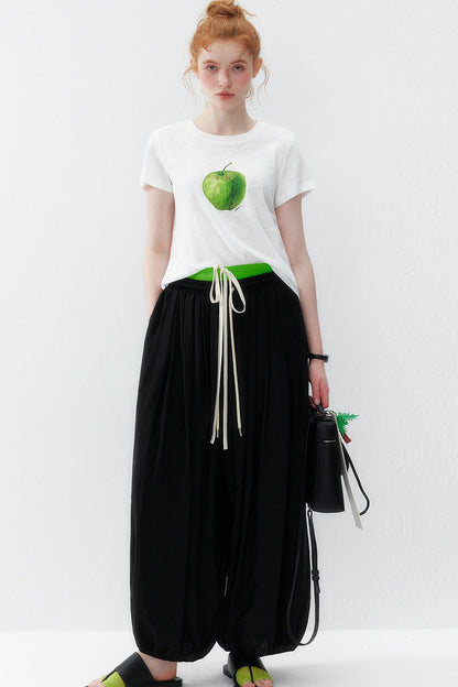 White Green Apple Print Blouse