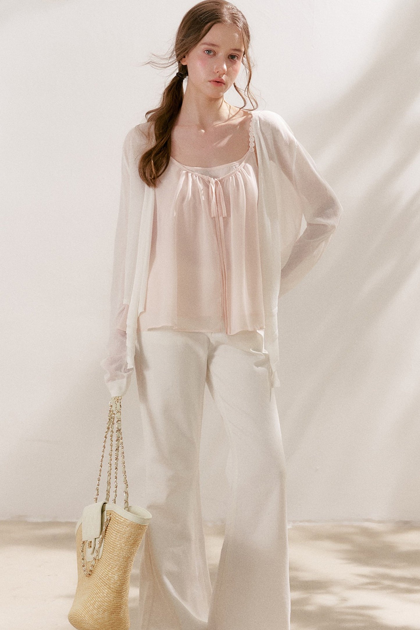Soft Peach Camisole With Cream Cardigan Set-Up