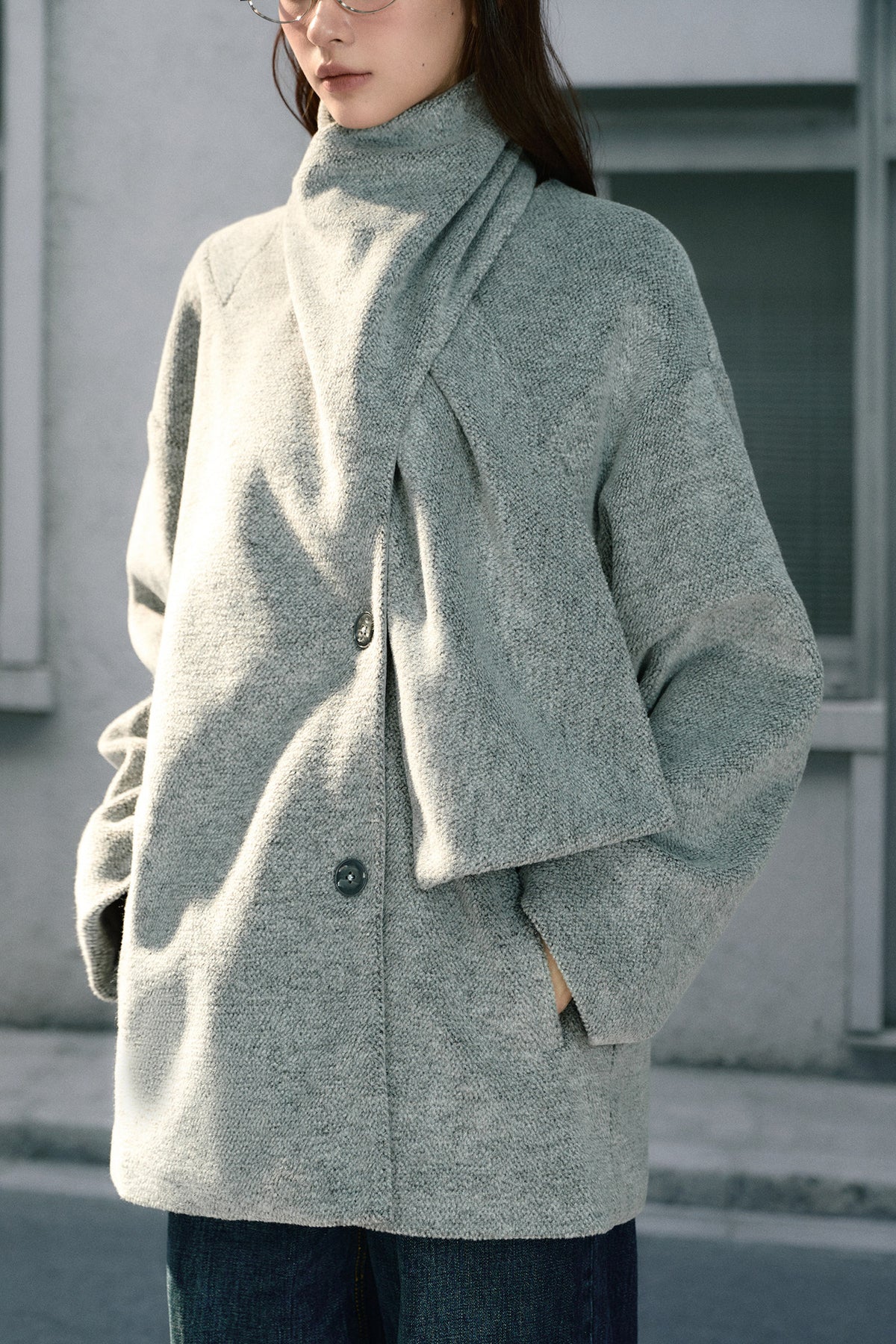 Asymmetrical Scarf Collar Woolen Jacket