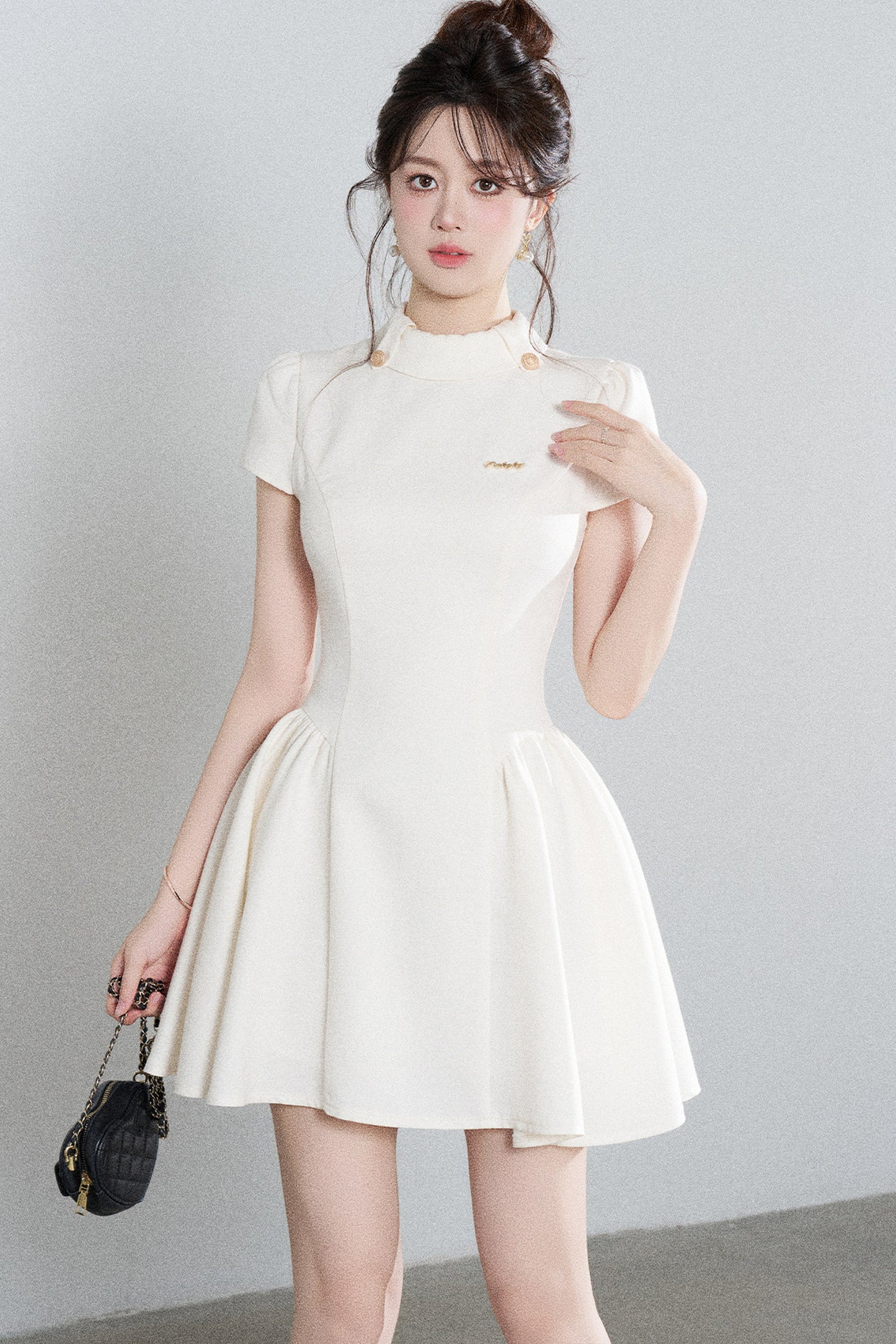 White Waist-Cinching A-Line Dress