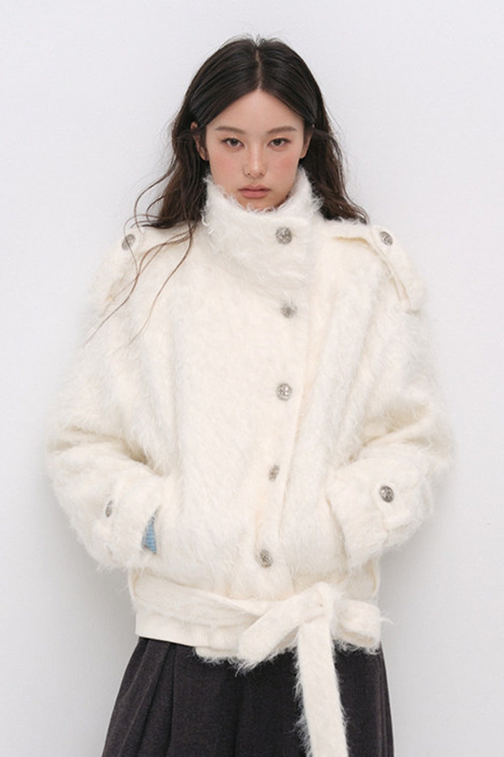Faux Fur Diagonal Placket Tie Waist Jacket