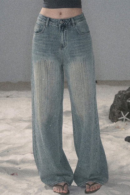 American-Style Rhinestone Wide-Leg Jeans