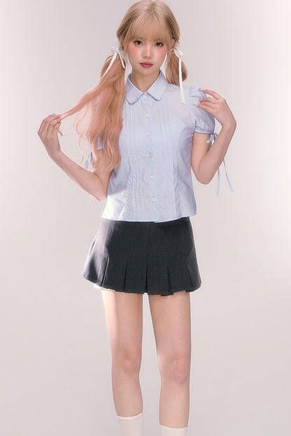 Blue Short-Sleeved Bow Puff Sleeve Shirt