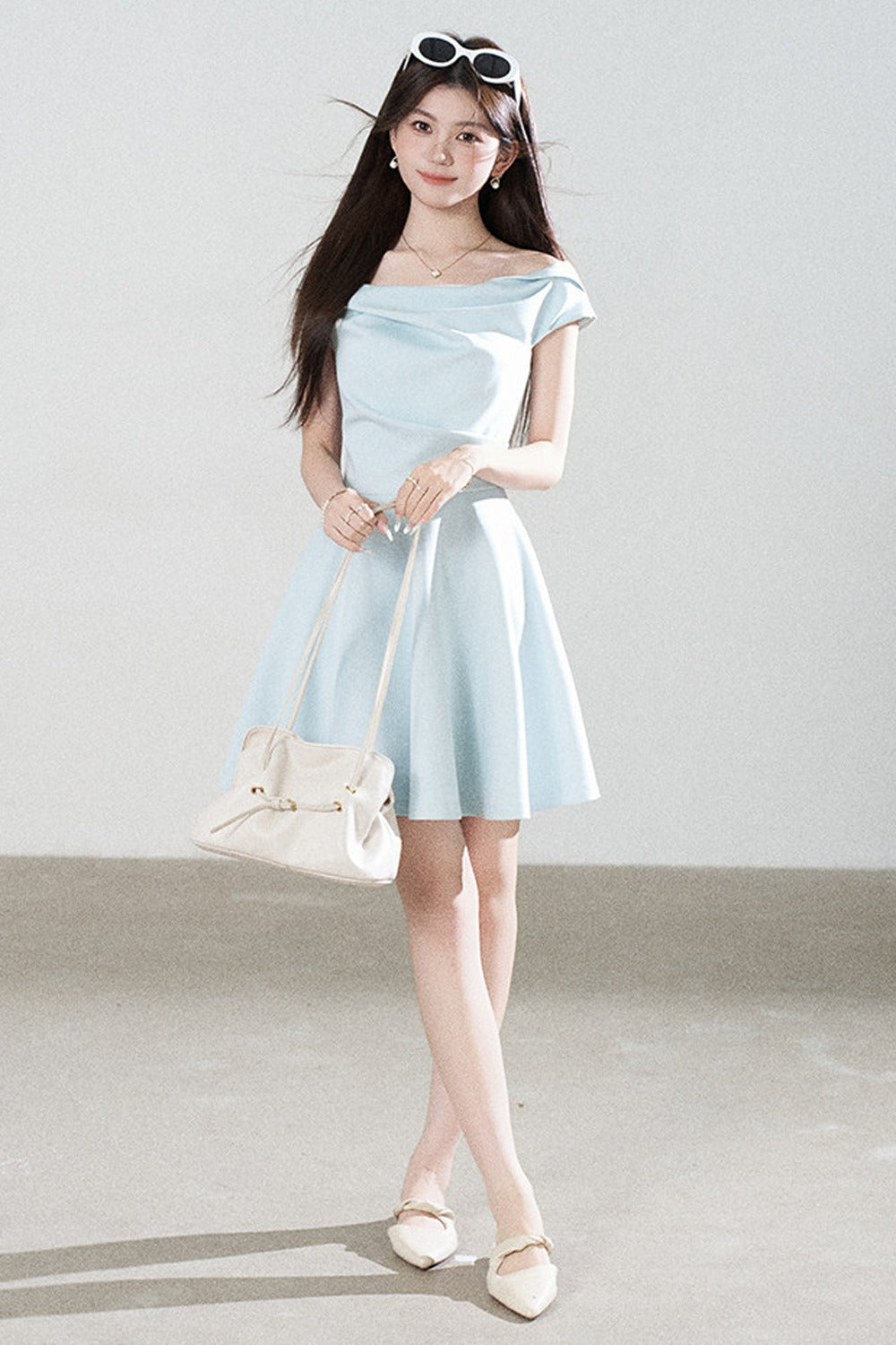 Lake Green Tencel Off-Shoulder A-Line Dress