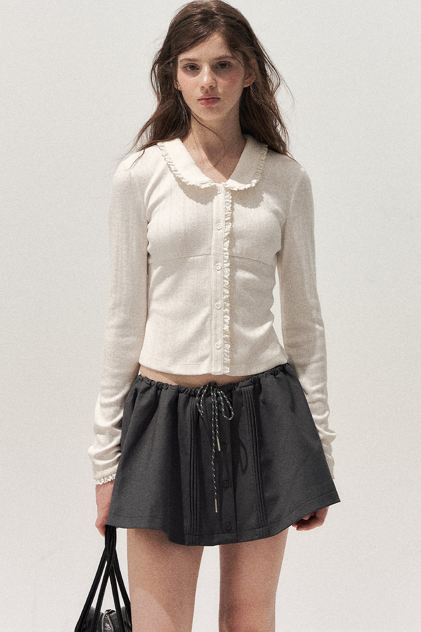Doll Collar Textured Hollow Floral Cardigan