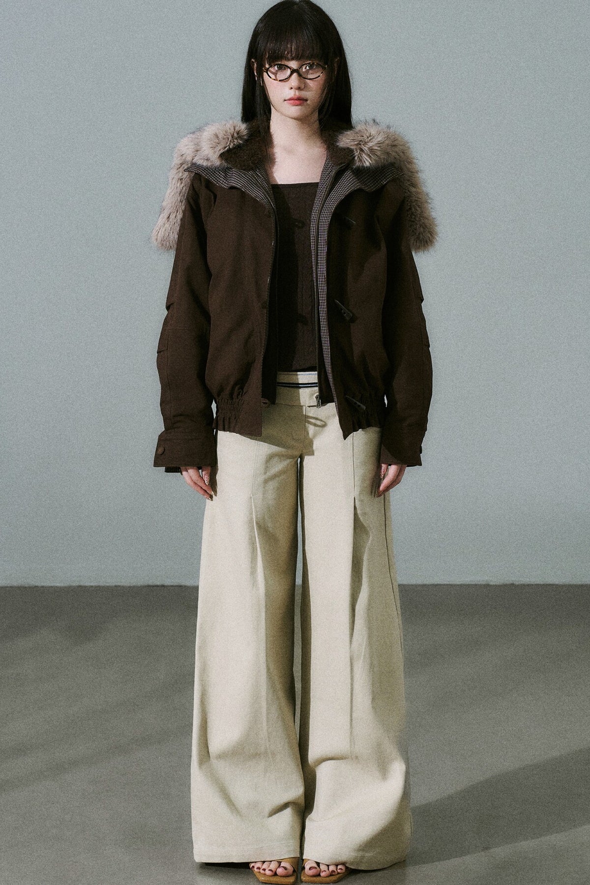 Horn Button Plaid Fur Collar Jacket