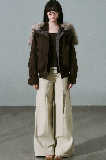 Horn Button Plaid Fur Collar Jacket